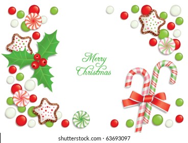 Christmas background with candies, composing a frame for any text