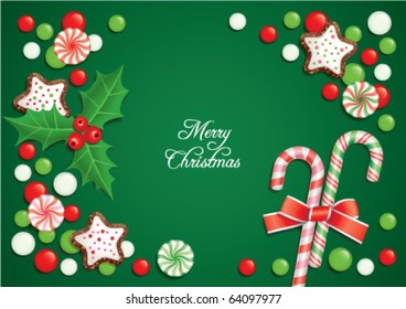 Christmas background with candies, composing a frame for any text