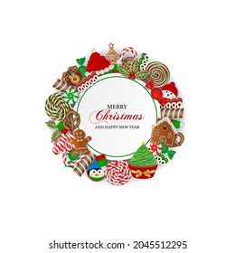 christmas background with candies, lollipops cakes and cookies