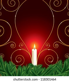 christmas background with candle and pine leaves