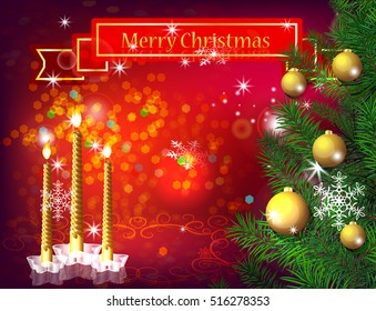Christmas background with candles and realistic christmas tree
