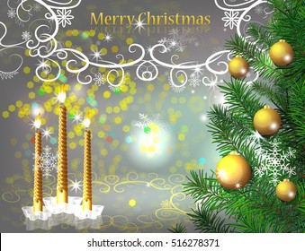 Christmas background with candles and realistic christmas tree