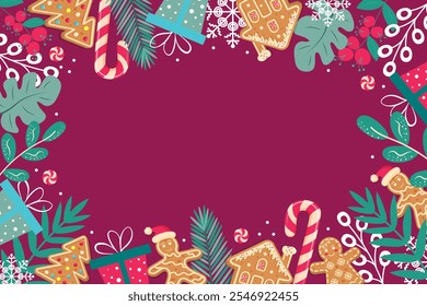 Fondo de Navidades con caña de caramelo, pan de jengibre, ramitas, bayas, cajas de regalo y copos de nieve sobre fondo rojo oscuro. Copiar espacio.