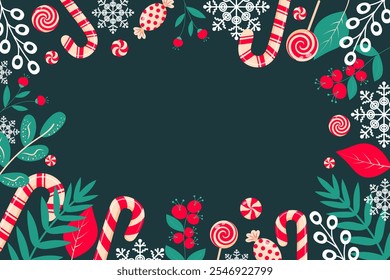 Christmas background with candy cane, lollipop, candy, twigs, berries and snowflakes on dark green background. Copy space. Decorative Christmas border.