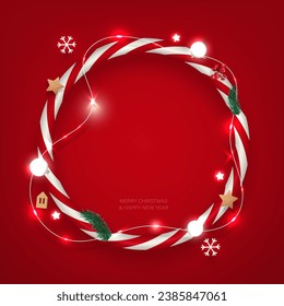 Fondo de Navidad con guirnaldas de caña de Candy, elementos decorativos festivos sobre fondo rojo. Vector.