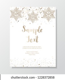 Christmas background card with gold glitter confetti, snowflakes, stars and garland.