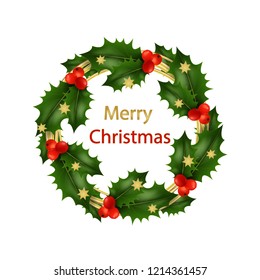 Christmas background, card with holly wreath and asterisks isolated on white background. Christmas greeting. Vector realistic illustration. EPS10