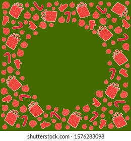 Christmas background card with place for text, green background with red gifts, a glove, Christmas decorations, candy canes, white outline stock vector Illustration for design and decor