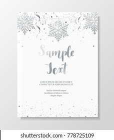 Christmas background card with silver glitter confetti, snowflakes, stars and garland.