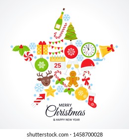 Christmas background, card. Vector. Greeting design. Holiday decoration poster. Creative postcard with Christmas icons in star shape. Party template in flat style. Cartoon square illustration 