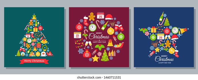 Christmas background, card. Vector. Happy New year greeting banner. Holiday decoration poster with Christmas icon. Creative set templates. Cartoon square illustration. Xmas party postcard. Flat design