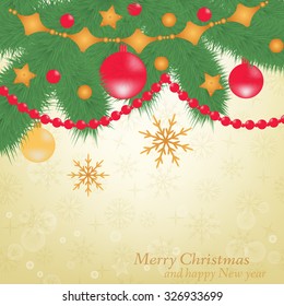 Christmas background card - vector illustration. Branch of Christmas tree decorated with toys, a background of snowflakes. EPS 10