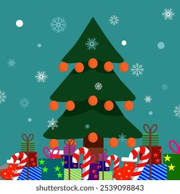 Christmas background, Carpets, scarves, wrapping paper, A Christmas tree with many ornaments and presents underneath it. The tree is surrounded by a blue sky and snowflakes