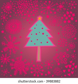 Christmas background with cartoon fir tree