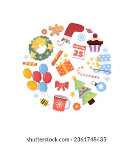 christmas background. cartoon jingle party new year xmas decorations, gingerbread man cookie, candie gift prize boxes, snowman, girland, marry christmas tree collection. vector cartoon decorations cir