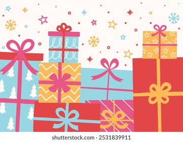 Christmas background in cartoon style. Layout design decorated with gift boxes. Vector illustration
