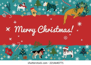 Christmas background with cat, dogs, and fir tree. Vector design for paper, fabric and other surface