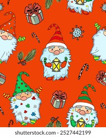 Christmas background with characters with a beard and a Santa Claus hat. Vector seamless background, pattern with dwarfs and snowflakes. Paper or wallpaper, fabric and holiday accessories