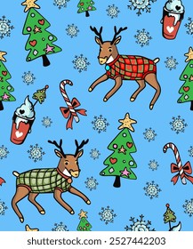 Christmas background with characters with a beard and a Santa Claus hat. Vector seamless background, pattern with dwarfs and snowflakes. Paper or wallpaper, fabric and holiday accessories