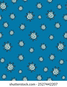 Christmas background with characters with a beard and a Santa Claus hat. Vector seamless background, pattern with dwarfs and snowflakes. Paper or wallpaper, fabric and holiday accessories