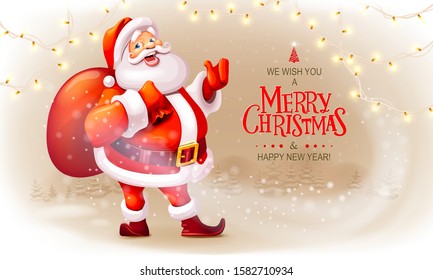 Christmas background with cheerful Santa Claus, luminous garlands and snowy forest in the distance. Holiday greeting card. Vector illustration. For Christmas cards, banners, tags and labels.