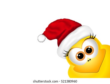 Christmas background with chicken in Santa hat. 