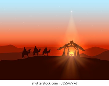 Christmas background with Christian theme, shining star and birth of Jesus, illustration.