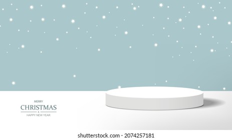 Christmas background. Circle stage podium decor with star shiny. Pedestal scene with for product display, show, winner, on light blue background. Abstract winter backdrop.Minimal. Vector illustration.