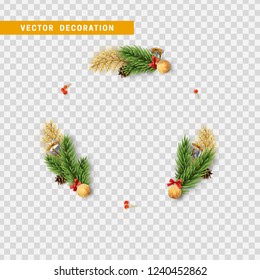 Christmas background of circular frame with pine branches and xmas balls