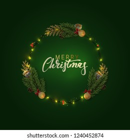 Christmas background of circular frame with pine branches and xmas balls. Handwritten text Merry Christmas and Happy New Year. Holiday greeting card, banner, web poster