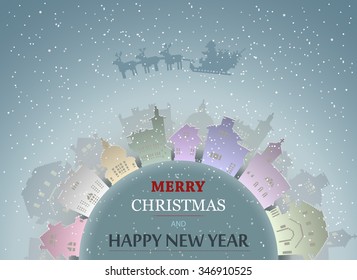 Christmas background with city, snow and Santa Claus, vector illustration