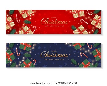 Fondo de Navidad. Diseño de pancartas navideñas clásicas con cajas de regalo de primera vista realistas con arcos dorados y brillo de confeti y Merry Christmas y Happy New Year lettering. Vector.