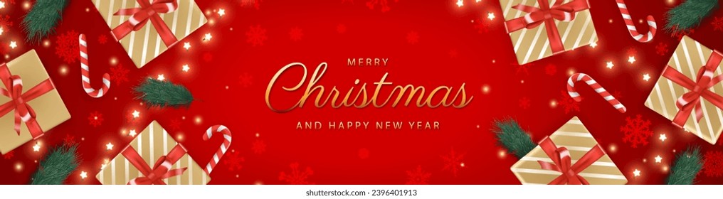 Christmas background. Classic red christmas banner design with realistic top view gift boxes with golden bows and glitter confetti and Merry Christmas and Happy New Year lettering. Vector.