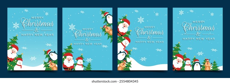 Christmas background collection with Santa clause, snow man, penguin, and deer flat illustration. Usable for social media post, invitation, promo, greeting card, invitation, cover, social media story