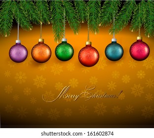 Christmas background with color balls and fir branches Vector illustration