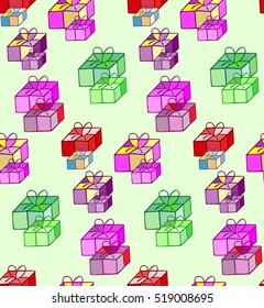 Christmas background. Colored boxes for gifts.  Illustration for a  wrapping paper,  wallpaper.  Elements for winter holiday card.    Seamless vector pattern.