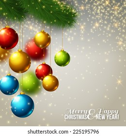 Christmas background with colorful balls and fir tree branches. Vector illustration.