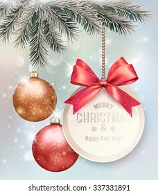 Christmas background with colorful balls and gift card. Vector illustration.