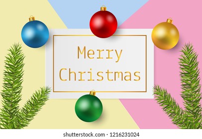 Christmas background with colorful christmas balls on pastel paper background. Vector illustration