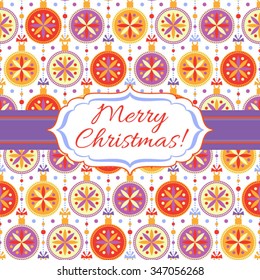 Christmas background with colorful balls on white backdrop with frame and text
