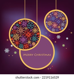 Christmas background, colorful Christmas balls, snowflakes in round ornaments