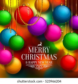 Christmas background with colorful balls. Xmas baubles on bokeh lights. Vector illustration.