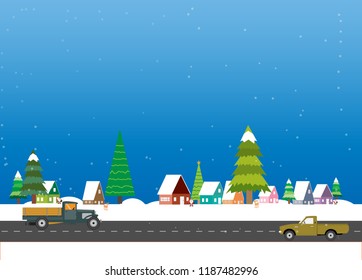 Christmas background with colorful cottage and pine tree in snowy landscape. Vector illustrator.