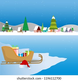 Christmas background with colorful cottage, sleigh and pine tree in snowy landscape. Vector illustrator.