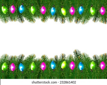 Christmas background with colorful garland and branches Vector illustration