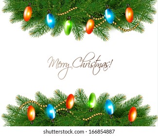 Christmas background with colorful garland and fir branches. Vector.