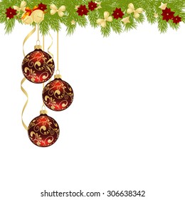 Christmas background with colorful garland and fir branches Vector illustration