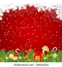 Christmas background with colorful garland and fir branches. Vector illustration