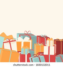 Christmas background with colorful gift boxes. Copyspace. Place your text below. Banner, web background, flyer, christmas sale.