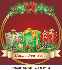Christmas background with colorful gift boxes on gold rings decorated fir branches and ribbon. 3D vector illustration for greeting card, website banner, social media banner, marketing materials 